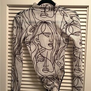 Abstract Face Print Sheer Bodysuit